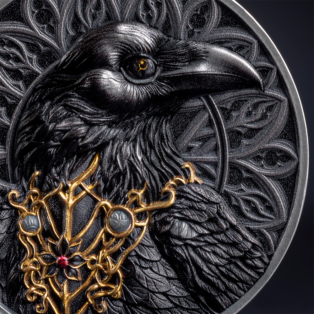 2025 Cameroon Raven Antique Finish 1oz .999 Silver Coin Color and Gilding
