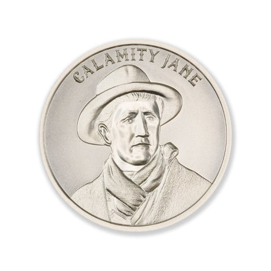 Calamity Jane 1 Troy Ounce 39mm Silver Round featuring a detailed depiction of Calamity Jane and iconic Old West imagery.