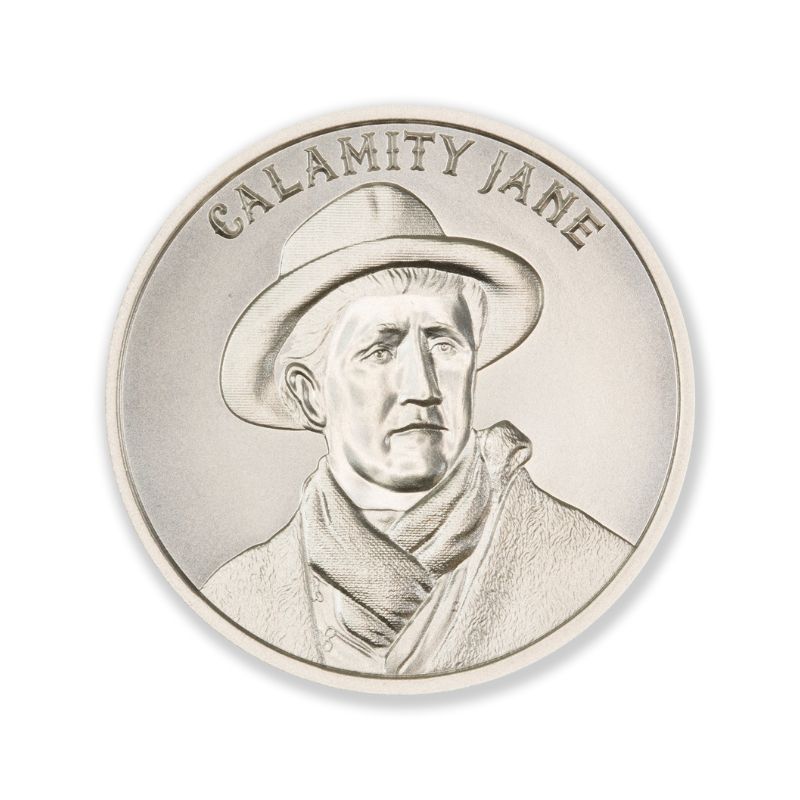 Calamity Jane 2 Troy Ounce 39mm Silver Round featuring a detailed depiction of Calamity Jane and iconic Old West imagery.