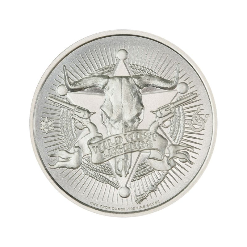 Calamity Jane 2 Troy Ounce 39mm Silver Round featuring a detailed depiction of Calamity Jane and iconic Old West imagery.