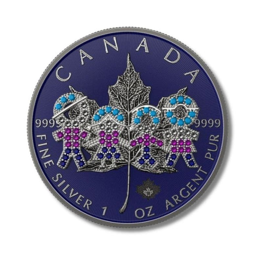 Canada 2021 Big Family Blue Bejeweled 1 oz Silver Coin - Celebrating family with intricate design and a blue bejeweled accent.