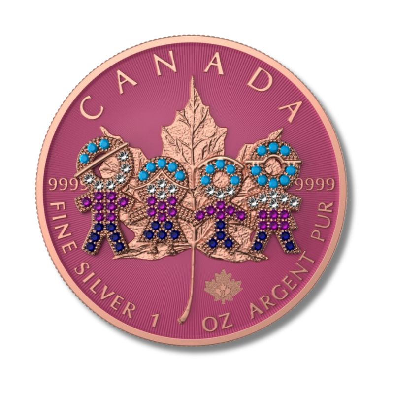 Canada Maple 2021 Big Family Pink Bejeweled 1 oz Silver Coin - Celebrating Canada’s heritage and family with an intricate Maple Leaf design and a pink bejeweled accent.