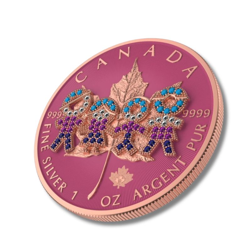 Canada Maple 2021 Big Family Pink Bejeweled 1 oz Silver Coin - Celebrating Canada’s heritage and family with an intricate Maple Leaf design and a pink bejeweled accent.