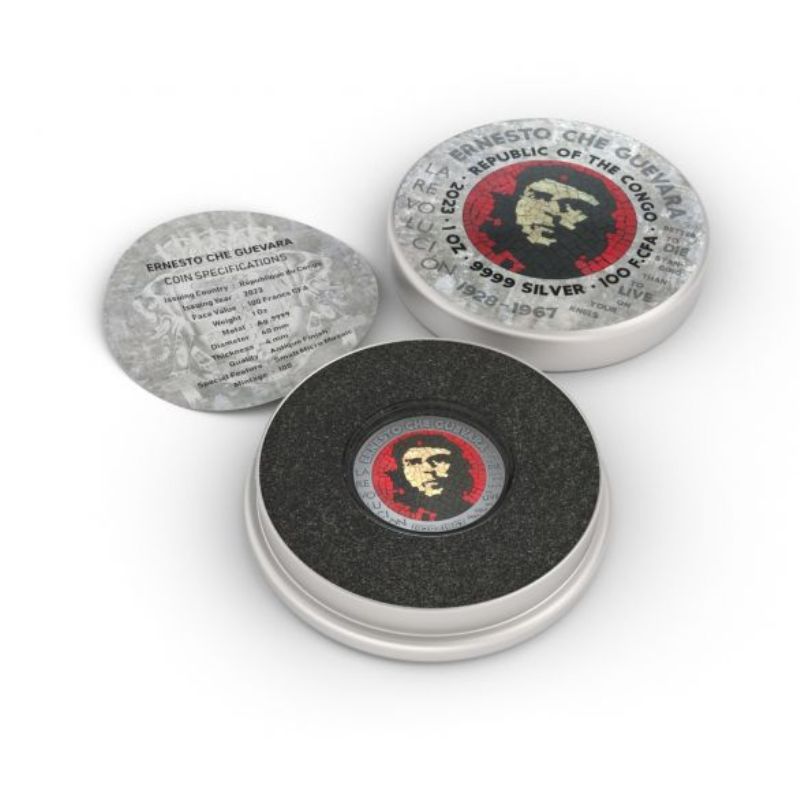 Congo 2023 100 Francs CFA Che Guevara 1 oz Micro Mosaic Handmade Insert - Intricately crafted silver coin honoring Che Guevara.