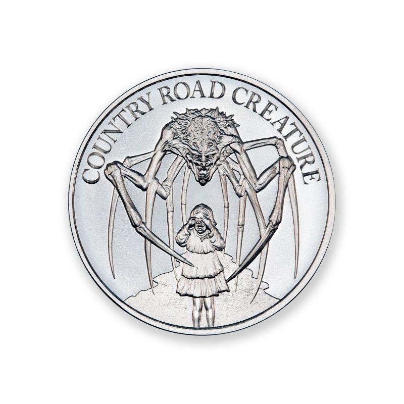 Buy the 2023 Country Road Creature 2 oz Silver Coin featuring .999 fine silver and a chilling design by Trevor Henderson. Perfect for collectors.