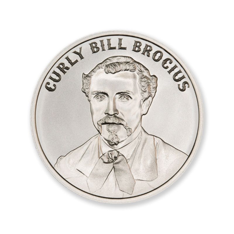 Curly Bill Brocius 1 Troy Ounce 39mm Silver Round featuring a detailed depiction of Curly Bill Brocius and iconic Old West imagery.