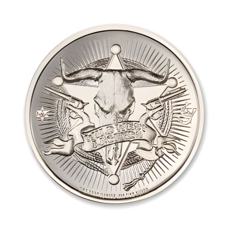 Curly Bill Brocius 1 Troy Ounce 39mm Silver Round featuring a detailed depiction of Curly Bill Brocius and iconic Old West imagery.