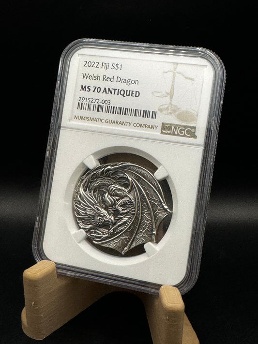 2022 MS70 NGC Red Welsh Dragon 1oz .999 Antiqued Silver Coin High Relief