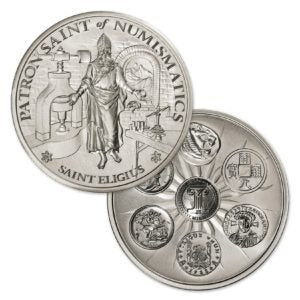 SAINT ELIGIUS – 5 TROY OUNCE – 50MM – LIMITED MINTAGE: 500 (ANTIQUED)