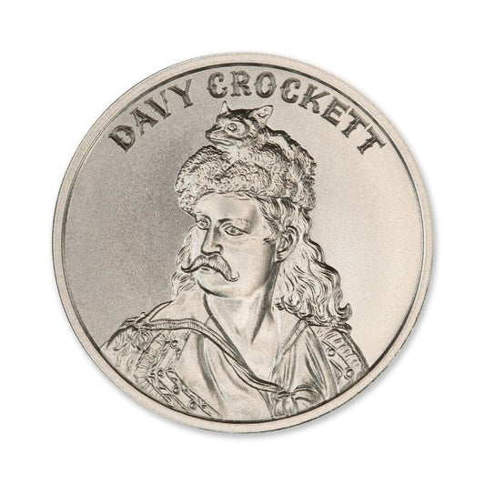 Davy Crockett 1 Troy Ounce 39mm Silver Round featuring a detailed depiction of Davy Crockett and iconic Old West imagery.