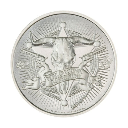 Davy Crockett 1 Troy Ounce 39mm Silver Round featuring a detailed depiction of Davy Crockett and iconic Old West imagery.