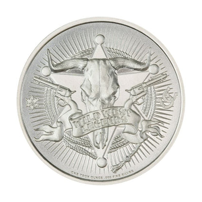 Davy Crockett 1 Troy Ounce 39mm Silver Round featuring a detailed depiction of Davy Crockett and iconic Old West imagery.