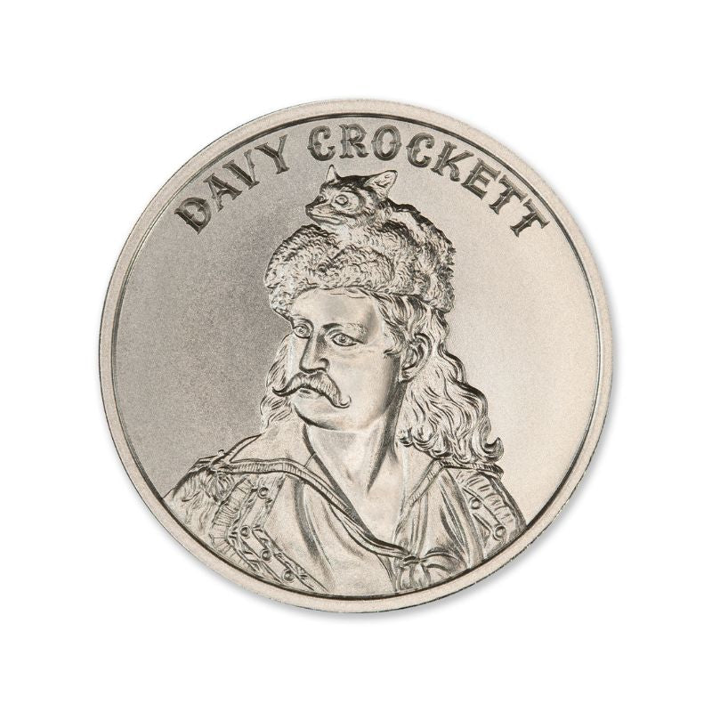 Davy Crockett 2 Troy Ounce 39mm Silver Round featuring a detailed depiction of Davy Crockett and iconic Old West imagery.