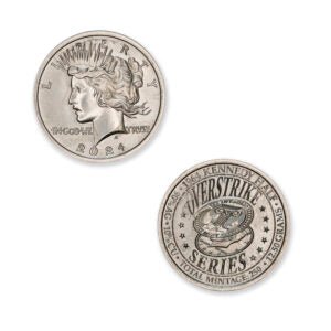 2024 – OVERSTRIKE SERIES #1 – 1964 KENNEDY HALF W/ 2024 PEACE DOLLAR OBVERSE – 30MM (ONLY 250 MINTED) IN COINSAFE CAPSULE W/ C.O.A.