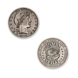 2024 – OVERSTRIKE SERIES #12 – 1964 KENNEDY HALF W/ BARBER OBVERSE – 30MM (ONLY 250 MINTED) IN COINSAFE CAPSULE AND C.O.A.