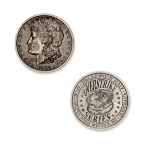 2024 – OVERSTRIKE SERIES #10 – 1964 KENNEDY HALF W/ MORGAN DOLLAR OBVERSE – 30MM (ONLY 250 MINTED) IN COINSAFE CAPSULE AND C.O.A.