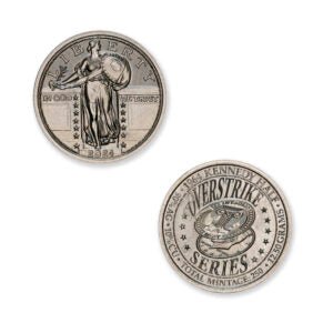 2024 – OVERSTRIKE SERIES #7 – 1964 KENNEDY HALF W/ STANDING LIBERTY OBVERSE – 30MM (ONLY 250 MINTED) IN COINSAFE CAPSULE AND C.O.A.