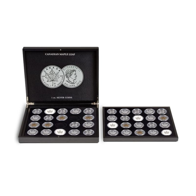 Display coin case for 20 Canadian Maple Leaf silver dollars with black velour tray and silver Maple Leaf design.