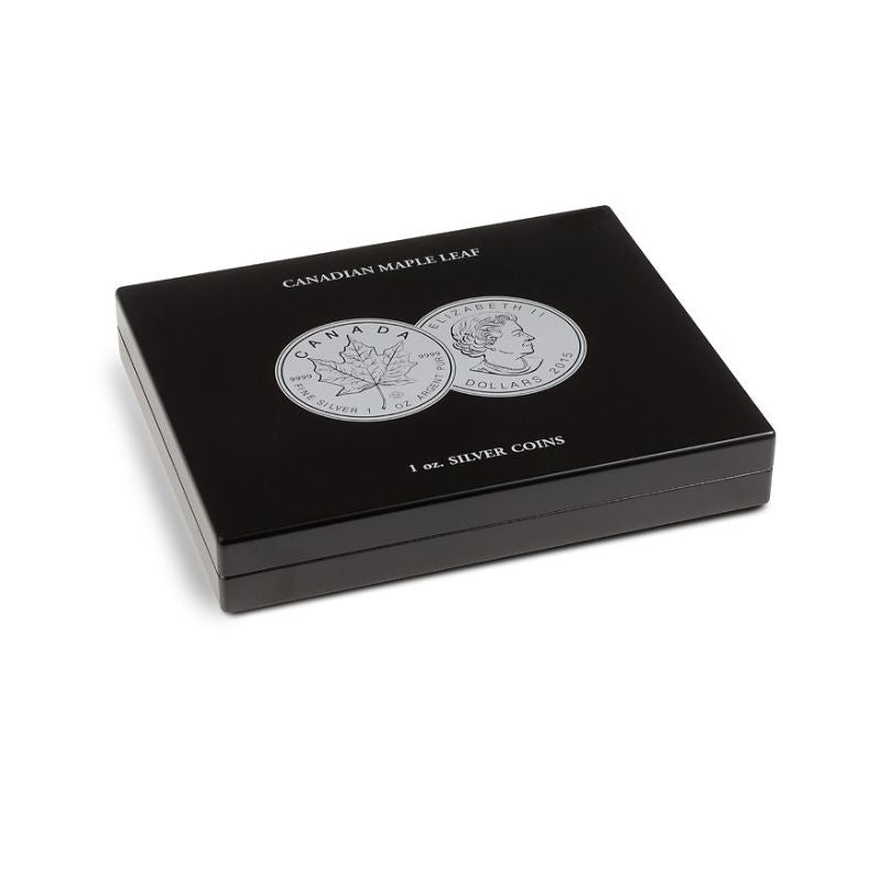 Display coin case for 20 Canadian Maple Leaf silver dollars with black velour tray and silver Maple Leaf design.