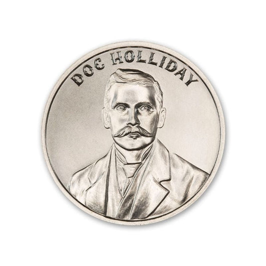 Doc Holliday 1 Troy Ounce 39mm Silver Round featuring a detailed depiction of Doc Holliday and iconic Old West imagery.