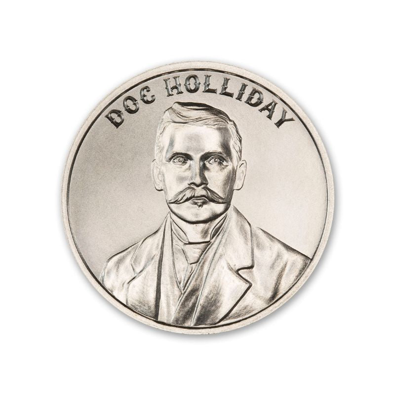 Doc Holliday 1 Troy Ounce 39mm Silver Round featuring a detailed depiction of Doc Holliday and iconic Old West imagery.