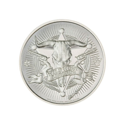 Doc Holliday 1 Troy Ounce 39mm Silver Round featuring a detailed depiction of Doc Holliday and iconic Old West imagery.