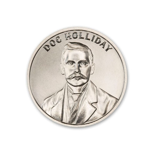 Doc Holliday 2 oz Silver Round featuring a detailed depiction of Doc Holliday and iconic Old West imagery.