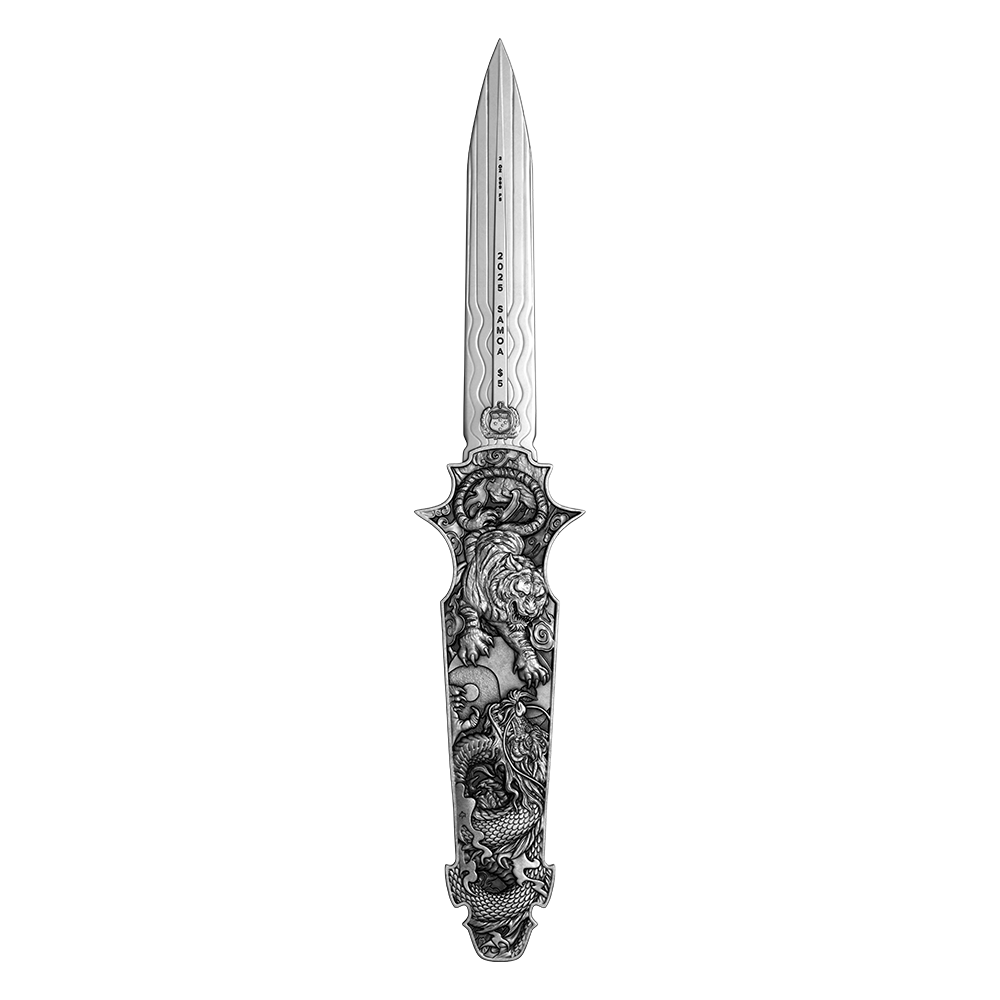 2025 Samoa 2oz .999 Silver UHR Dragon Tiger Switchblade Knife