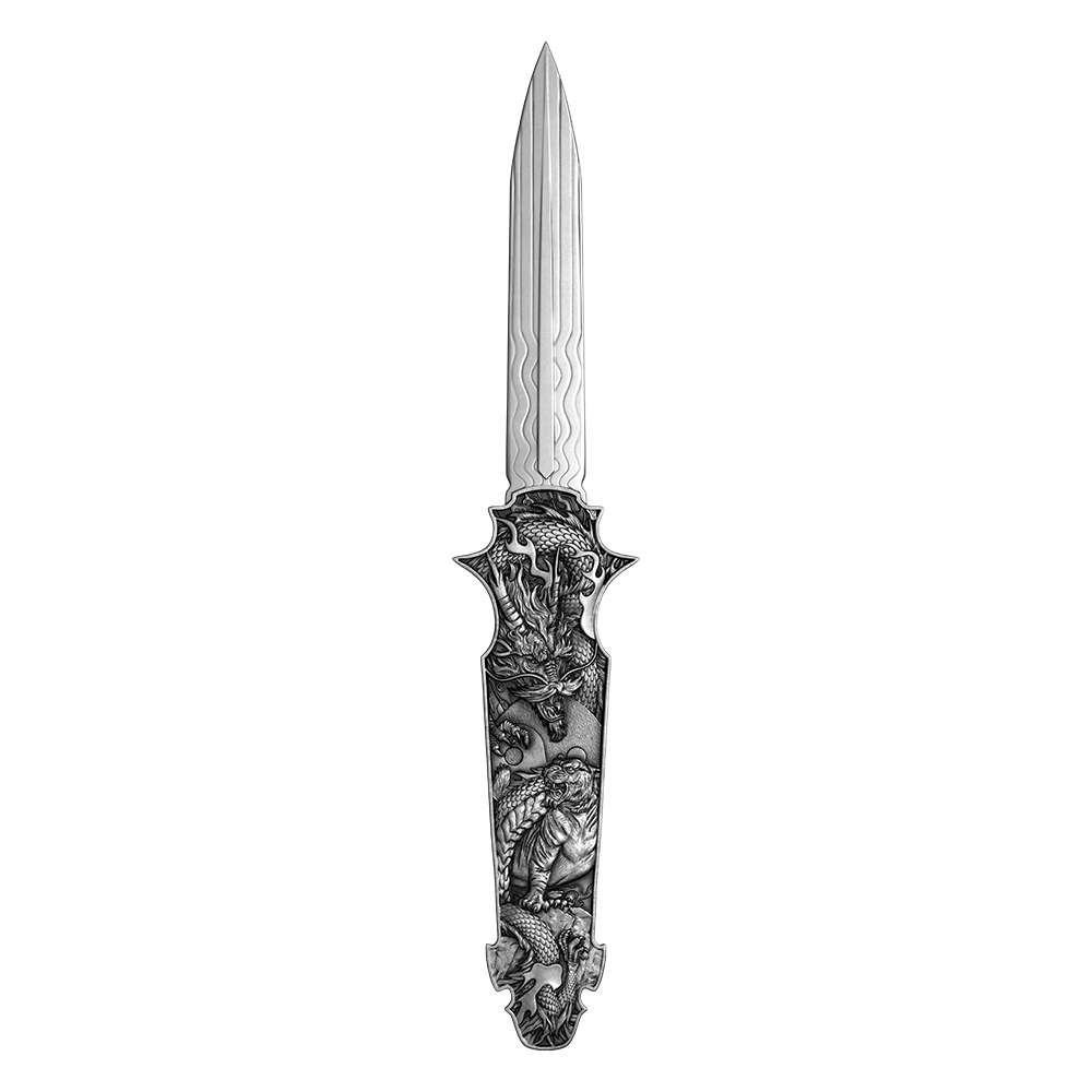 2025 Samoa 2oz .999 Silver UHR Dragon Tiger Switchblade Knife