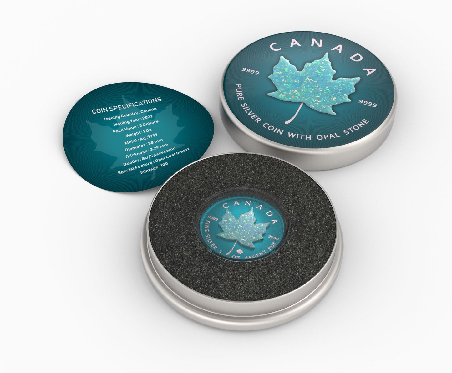 2022 Canadian Maple Leaf 1oz .9999 Pur Color Teal Green & Green Opal