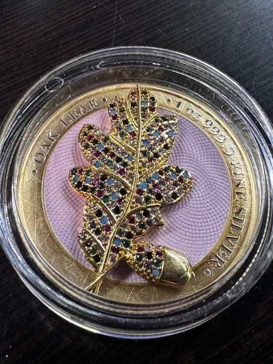 Germania 2019 5 Mark Bejeweled Oak Leaf  Yellow  Gilded 1oz .999 Silver Coin