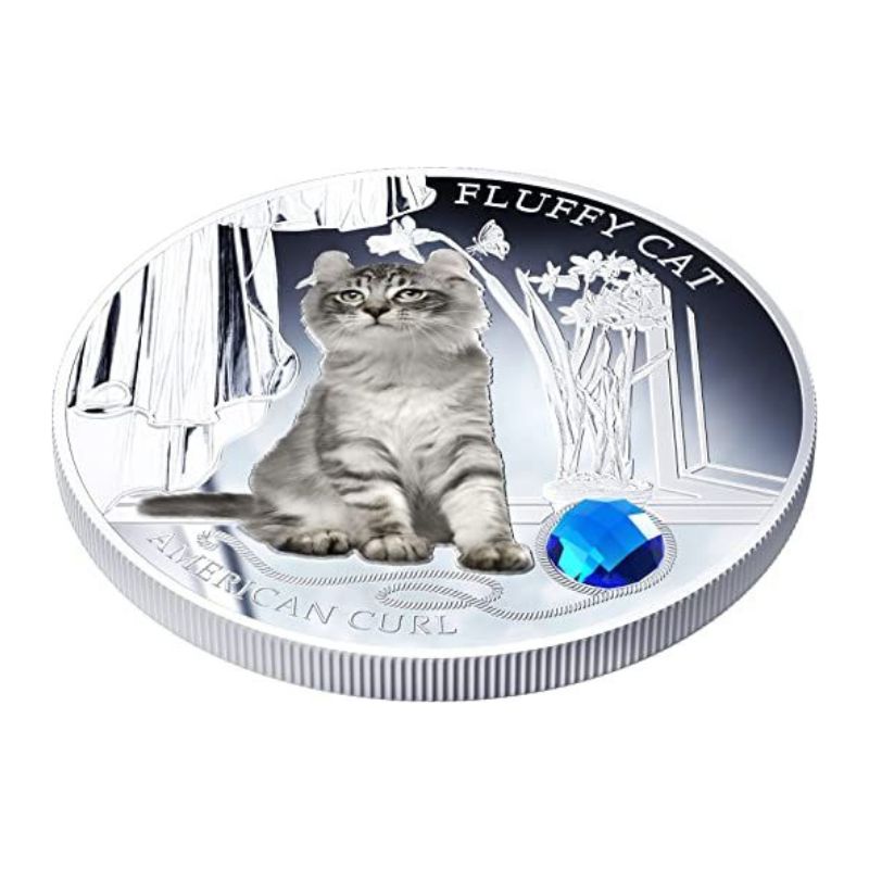 Fiji 2013 $2 American Curl "Fluffy Cat" 1 Oz Silver Coin featuring a detailed depiction of an American Curl cat.