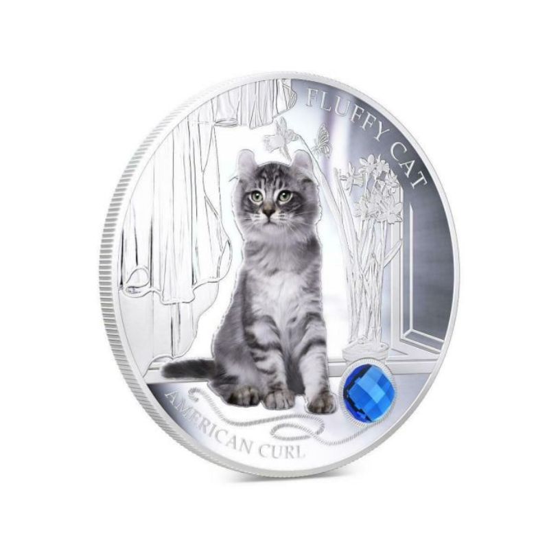 Fiji 2013 $2 American Curl "Fluffy Cat" 1 Oz Silver Coin featuring a detailed depiction of an American Curl cat.