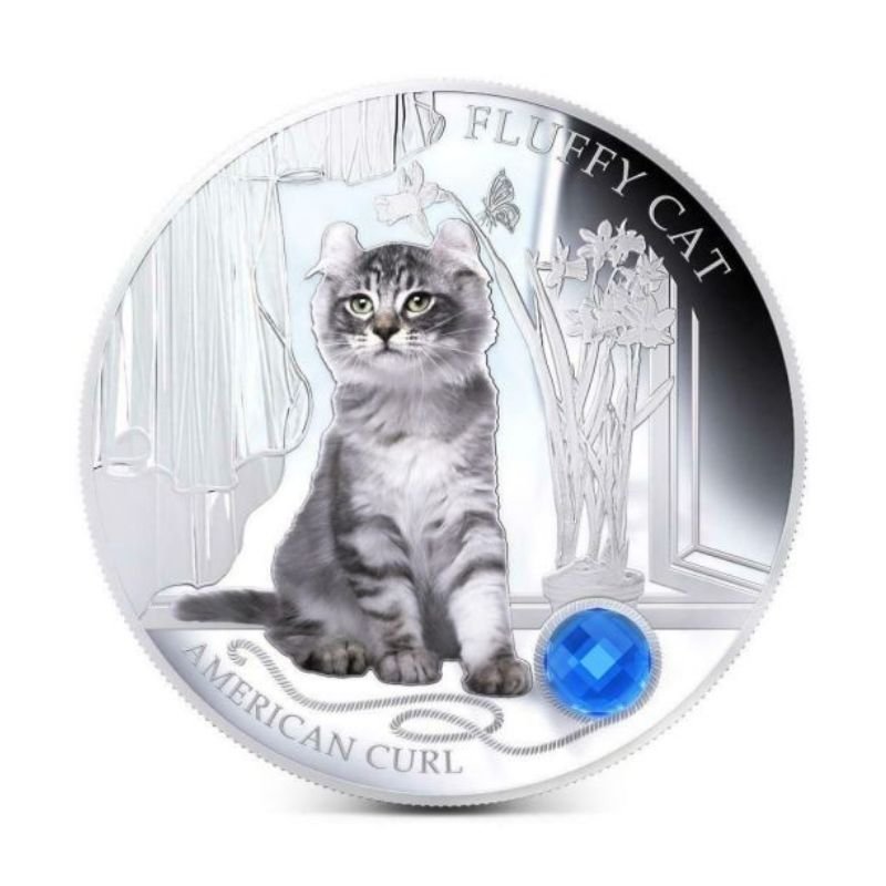 Fiji 2013 $2 American Curl "Fluffy Cat" 1 Oz Silver Coin featuring a detailed depiction of an American Curl cat.