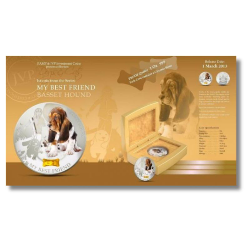 Fiji 2013 $2 Basset Hound My Best Friend 1 Oz Proof Silver Coin featuring a detailed depiction of a Basset Hound.