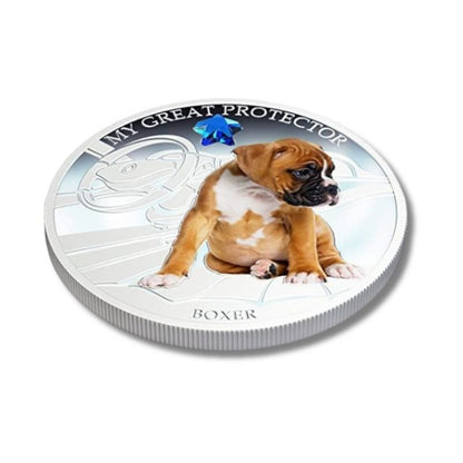 Fiji 2013 $2 Boxer My Great Protector 1 Oz Silver Coin featuring a detailed depiction of a Boxer dog.