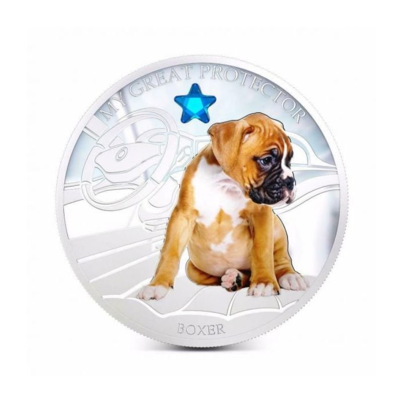 Fiji 2013 $2 Boxer My Great Protector 1 Oz Silver Coin featuring a detailed depiction of a Boxer dog.