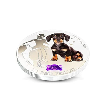 Fiji 2013 $2 Dachshund My Best Friend 1 Oz Silver Coin with a detailed depiction of a Dachshund.