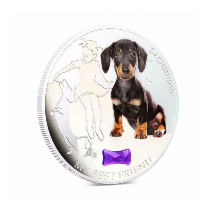 Fiji 2013 $2 Dachshund My Best Friend 1 Oz Silver Coin with a detailed depiction of a Dachshund.