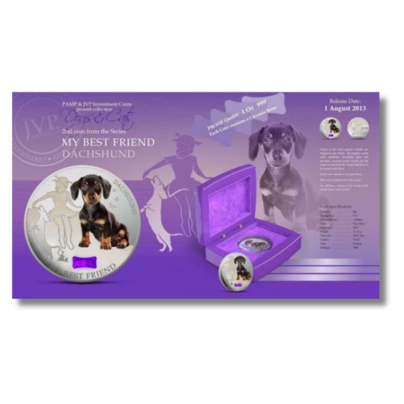 Fiji 2013 $2 Dachshund My Best Friend 1 Oz Silver Coin with a detailed depiction of a Dachshund.