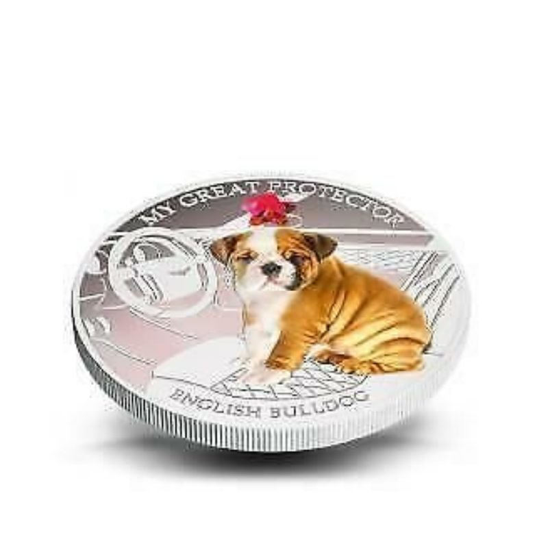 Fiji 2013 $2 English Bulldog My Great Protector 1 Oz Silver Coin featuring a detailed depiction of an English Bulldog.