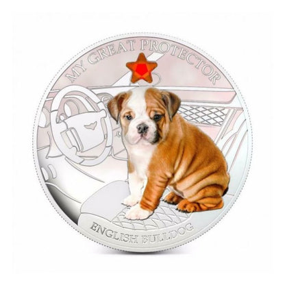 Fiji 2013 $2 English Bulldog My Great Protector 1 Oz Silver Coin featuring a detailed depiction of an English Bulldog.