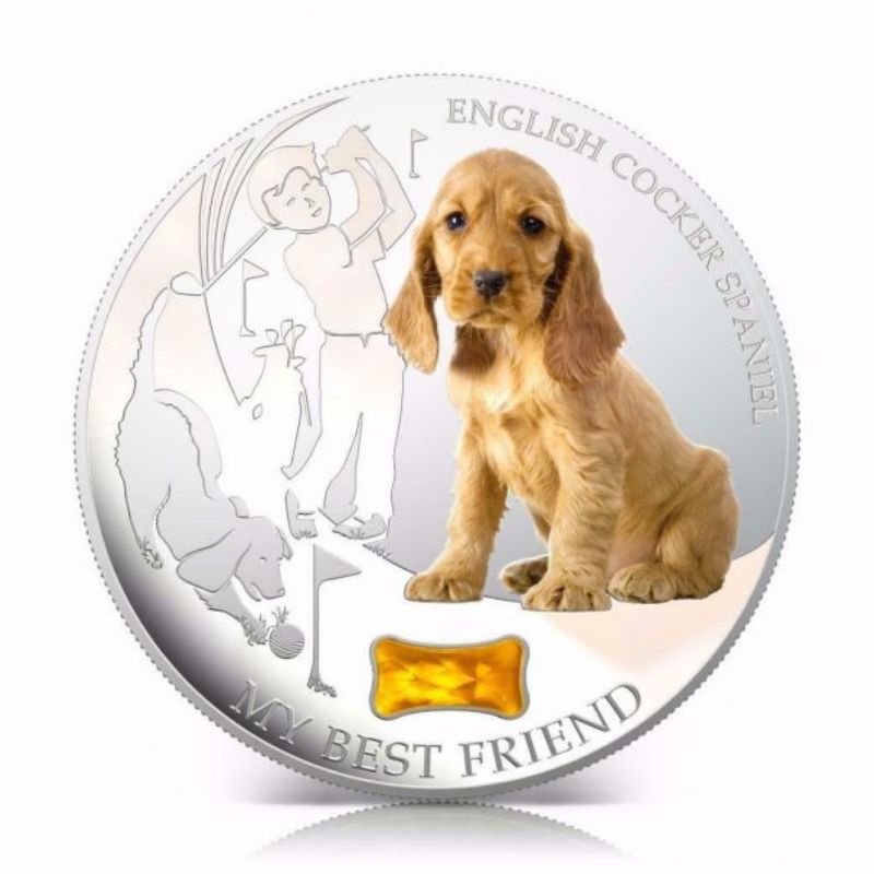 Fiji 2013 $2 English Cocker Spaniel My Best Friend 1 Oz Silver Coin with a detailed depiction of an English Cocker Spaniel.