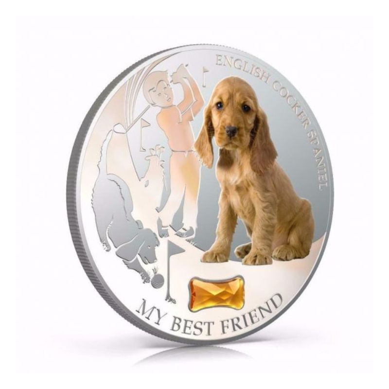 Fiji 2013 $2 English Cocker Spaniel My Best Friend 1 Oz Silver Coin with a detailed depiction of an English Cocker Spaniel.