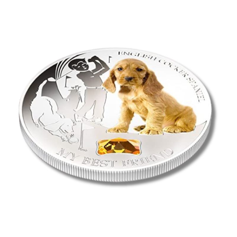 Fiji 2013 $2 English Cocker Spaniel My Best Friend 1 Oz Silver Coin with a detailed depiction of an English Cocker Spaniel.