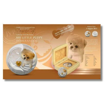 Fiji 2013 $2 Pomeranian My Little Puppy 1 Oz Silver Coin featuring a detailed depiction of a playful Pomeranian puppy.