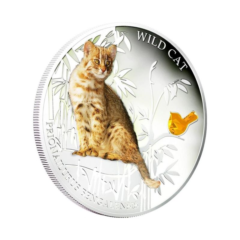 Fiji 2013 $2 Prionailurus Bengalensis "Leopard Cat" 1 Oz Silver Coin featuring a detailed depiction of a Leopard Cat.