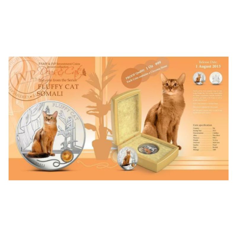 Fiji 2013 $2 Somali Fluffy Cat 1 Oz Silver Coin featuring a detailed depiction of a Somali cat.