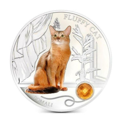 Fiji 2013 $2 Somali Fluffy Cat 1 Oz Silver Coin featuring a detailed depiction of a Somali cat.