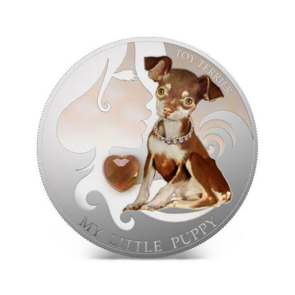 Fiji 2013 $2 Toy Terrier My Little Puppy 1 Oz Silver Coin with a detailed depiction of a playful Toy Terrier puppy.